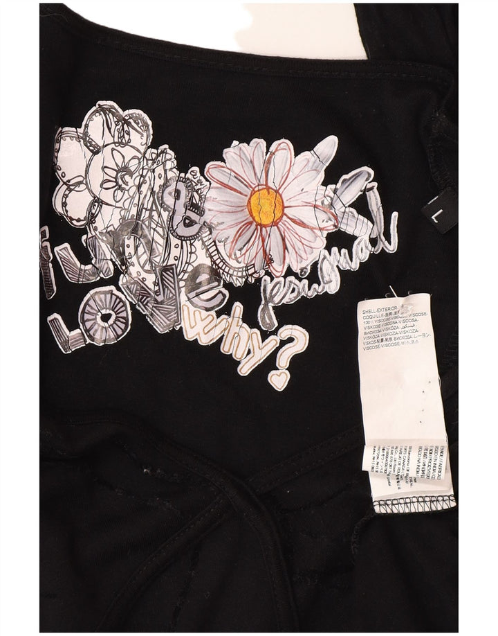 Desigual Vestido básico de manga larga para mujer UK 44 Grande Viscosa floral negra