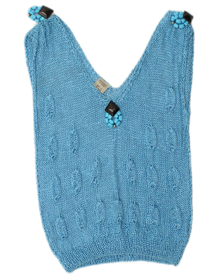 Vintage mujer chaleco camiseta sin mangas Reino Unido 10 pequeño rayón azul