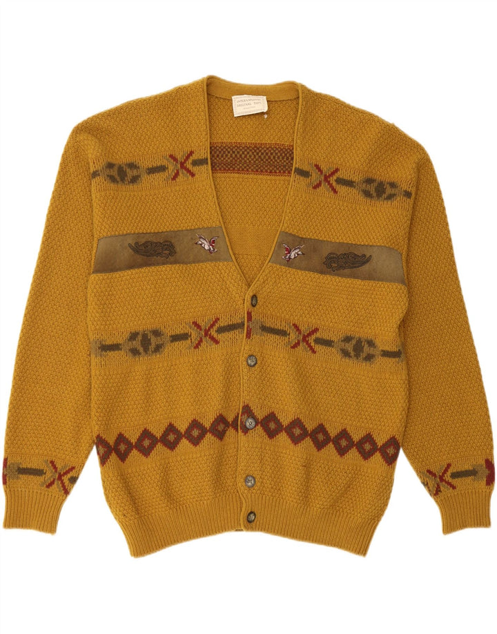 Vintage hombres Cardigan suéter IT 50 lana geométrica amarilla media