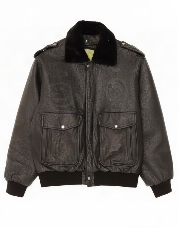 Vintage hombres chaqueta de cuero militar Reino Unido 40 grande negro