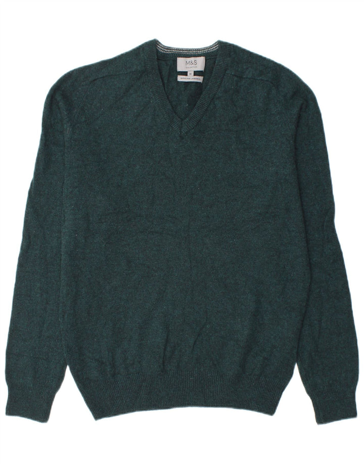 MARKS & SPENCER Jersey con cuello en V para hombre de lana de cordero verde medio