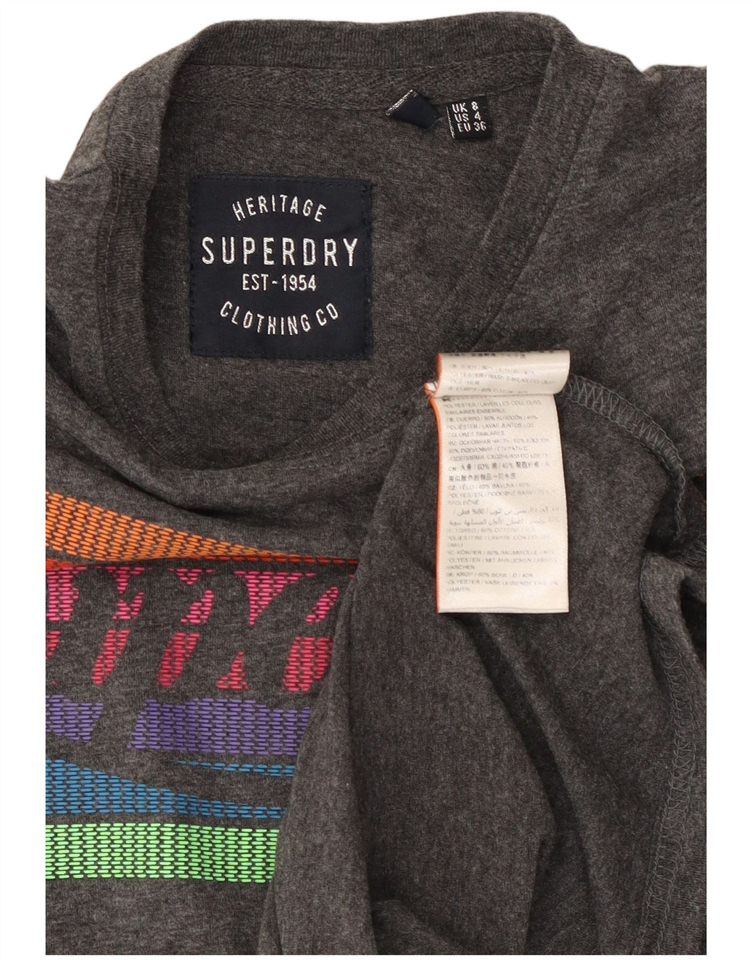 SUPERDRY Mujer Heritage Graphic Camiseta Top UK 8 Small Gris Algodón