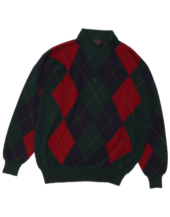 Sky & Eagle Suéter tipo jersey con cuello tipo polo para hombre verde grande Argyle/diamante