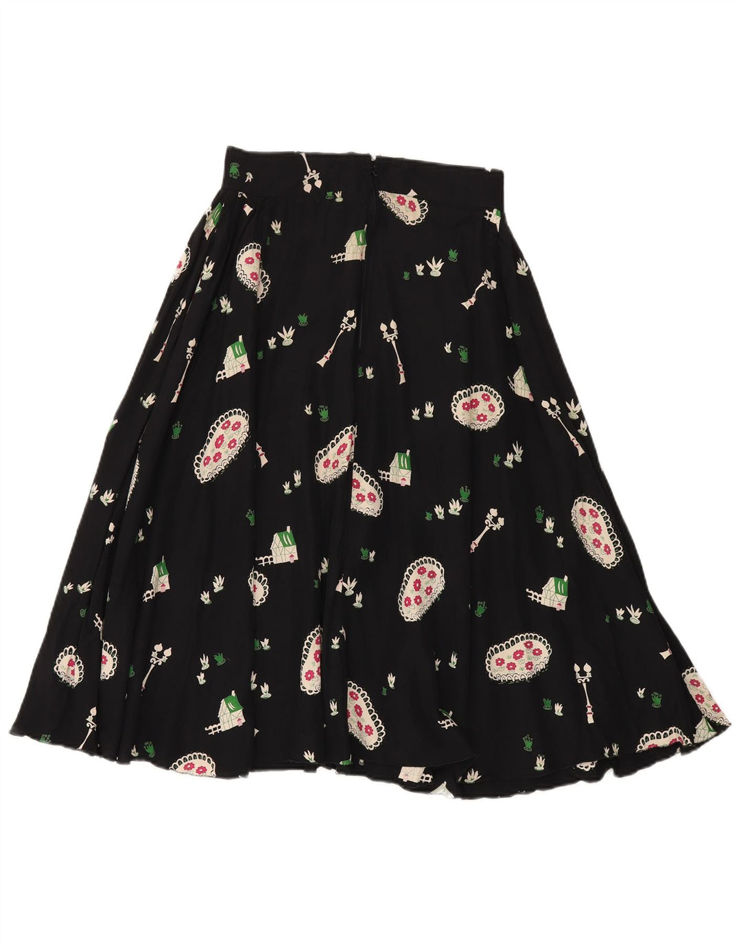 Vintage mujer falda acampanada W28 medio negro floral