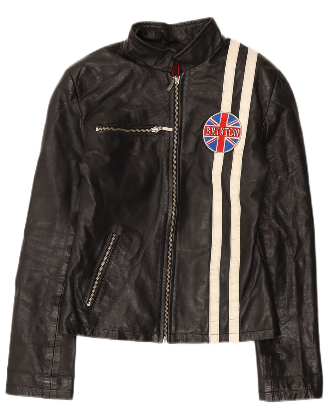BRIXTON Chaqueta de cuero para mujer UK 40 Small Black Colourblock Leather