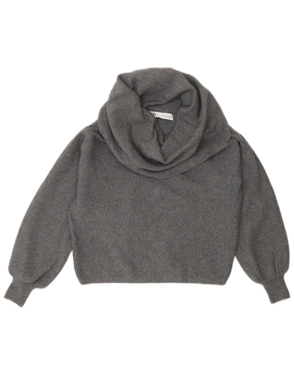 Zara Mujer Crop Roll Neck Jumper Sweater UK 10 Small Gris Viscosa