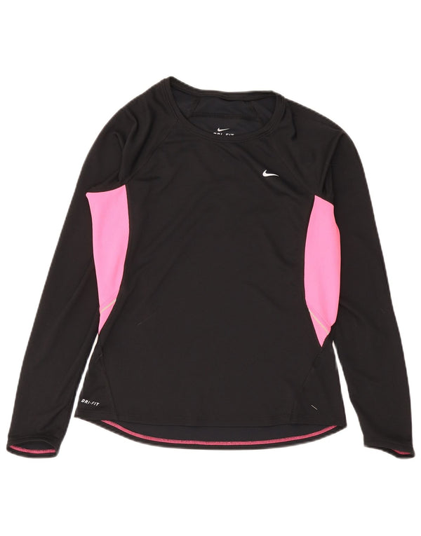 Nike Mujer Dri Fit Top Manga Larga UK 12/14 Medium Negro Colorblock