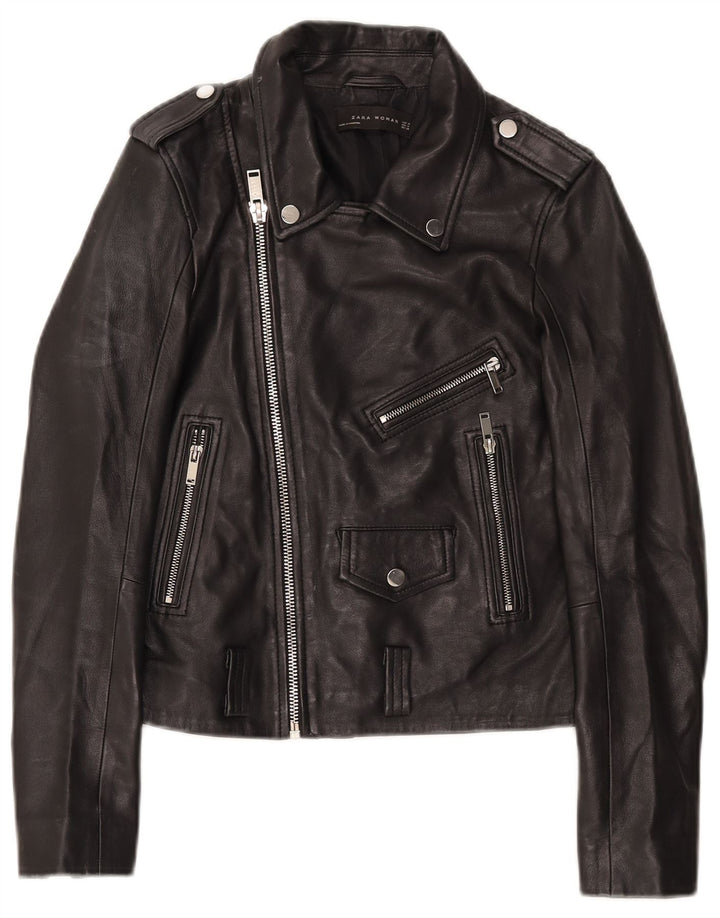 Zara Chaqueta Motera De Cuero Para Mujer UK 42 Mediana Negro
