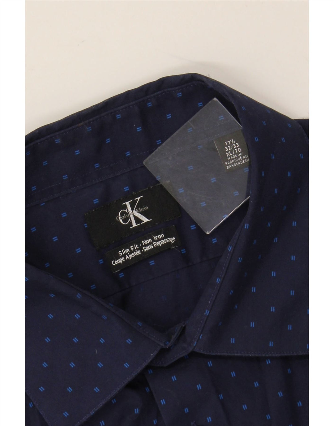 CALVIN KLEIN Camisa ajustada para hombre Talla 17 1/2 XL Algodón con lunares azul marino