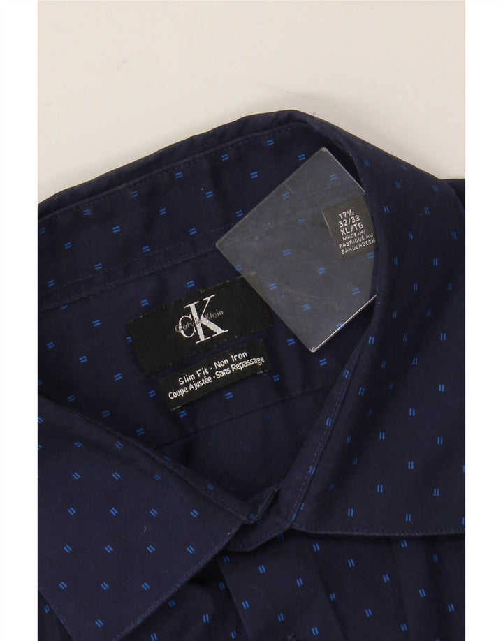 CALVIN KLEIN Camisa ajustada para hombre Talla 17 1/2 XL Algodón con lunares azul marino