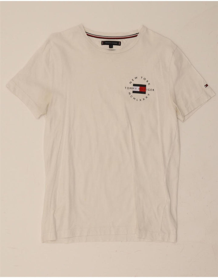 TOMMY HILFIGER Mens Graphic T-Shirt Top Medium White Cotton Vintage Tommy Hilfiger and Second-Hand Tommy Hilfiger from Messina Hembry 