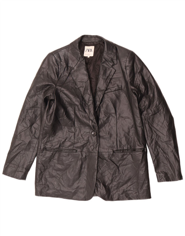 Zara Chaqueta Blazer De Piel Sintética Con 1 Botón Para Mujer UK 44 Medium Black