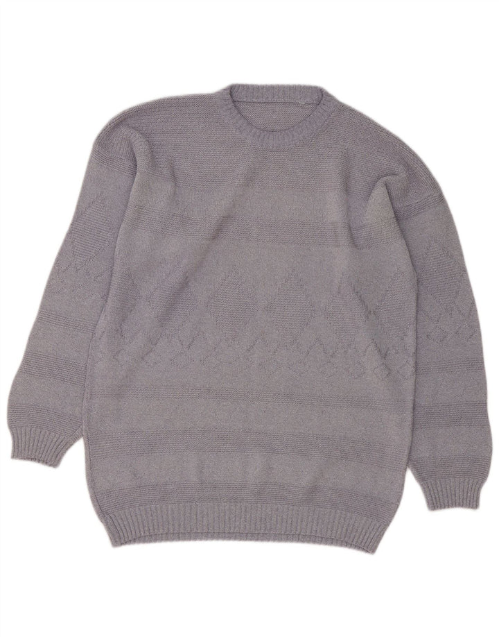 Vintage hombres cuello redondo jersey suéter grande gris Argyle/Diamante