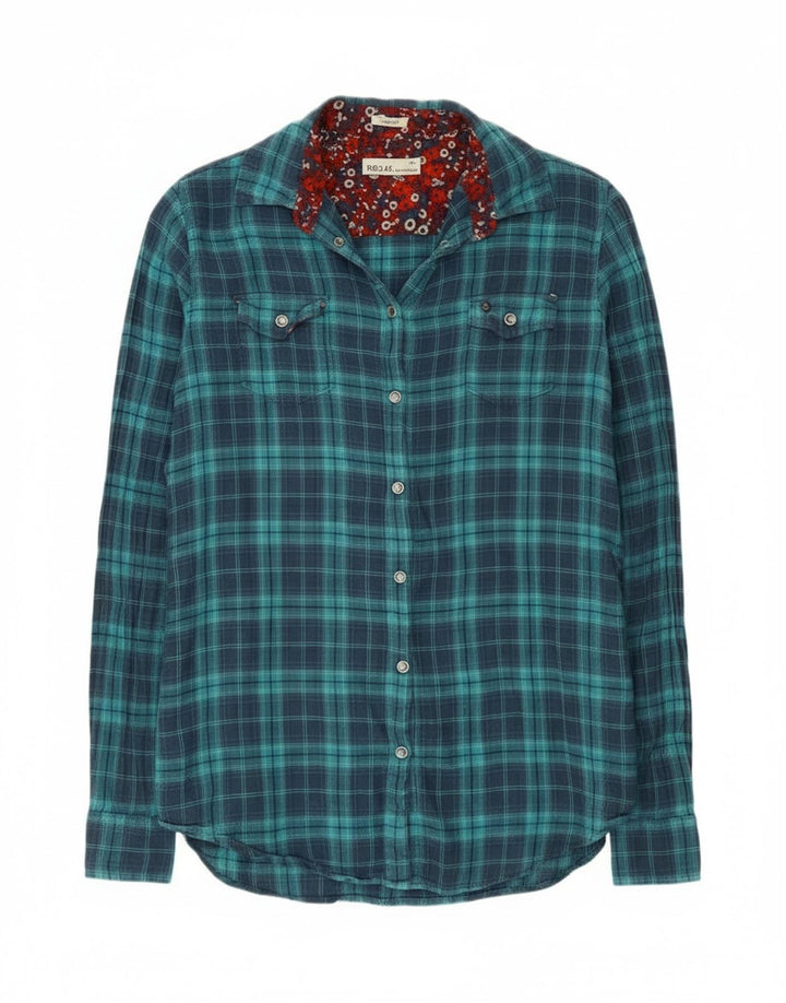 Replay Camisa de franela regular para mujer UK 40 Small Blue Check Cotton