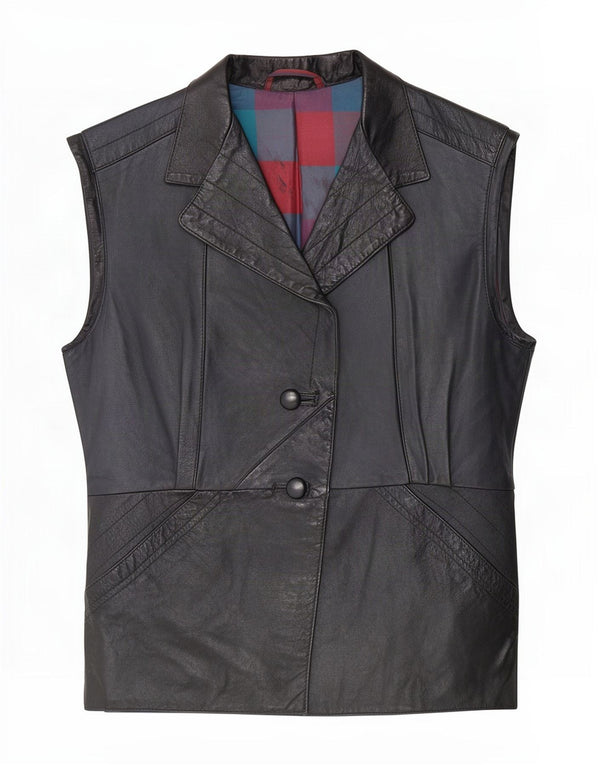 Vintage mujer cuero Gilet Reino Unido 14 Medio Negro