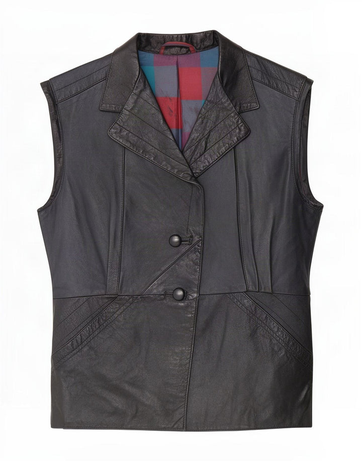 Vintage mujer cuero Gilet Reino Unido 14 Medio Negro