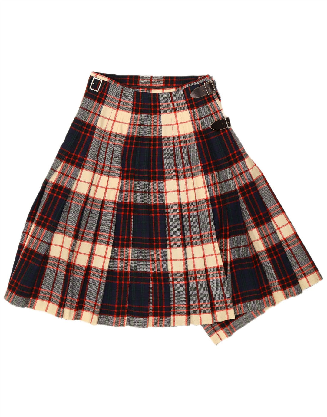 Vintage mujer Kilted Wrap falda W26 pequeño azul marino cuadros