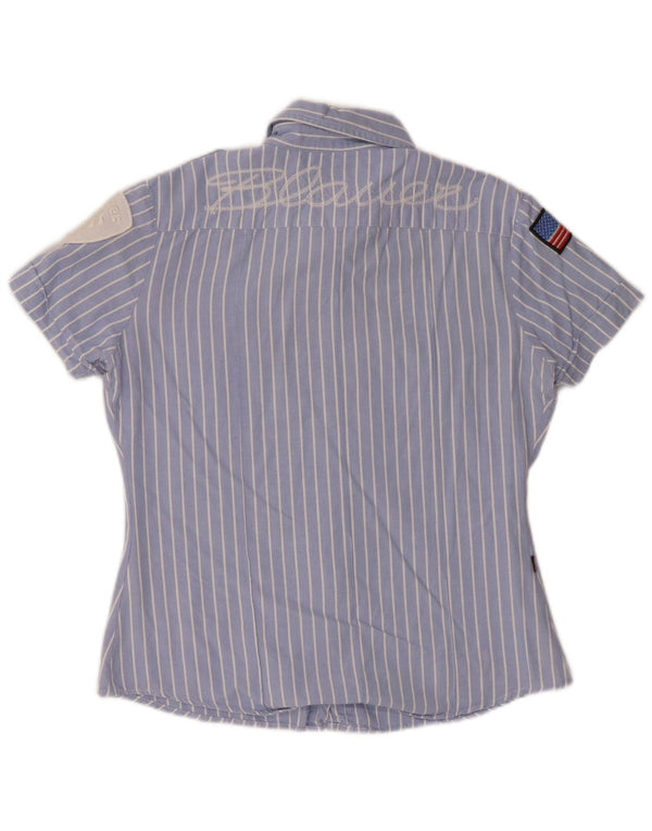 Blauer Camisa militar de manga corta para mujer UK 40 Grande Algodón a rayas azules