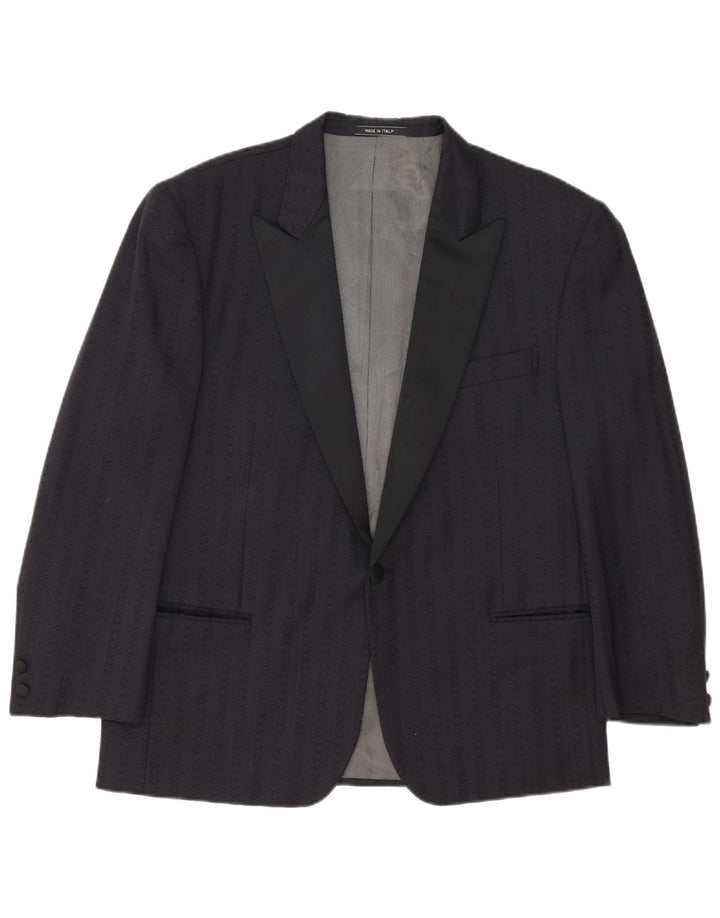 Vintage hombres 1 botón Blazer chaqueta IT 54 2XL azul marino rayas lana virgen