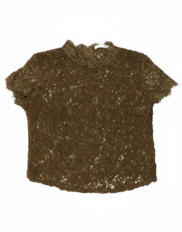 Zara Blusa Transparente De Encaje para Mujer Top UK 8 Small Khaki