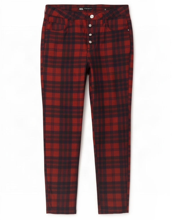 Zara Pantalones Casuales Slim para Mujer EU 42 Large W32 L27 Algodón A Cuadros Rojos
