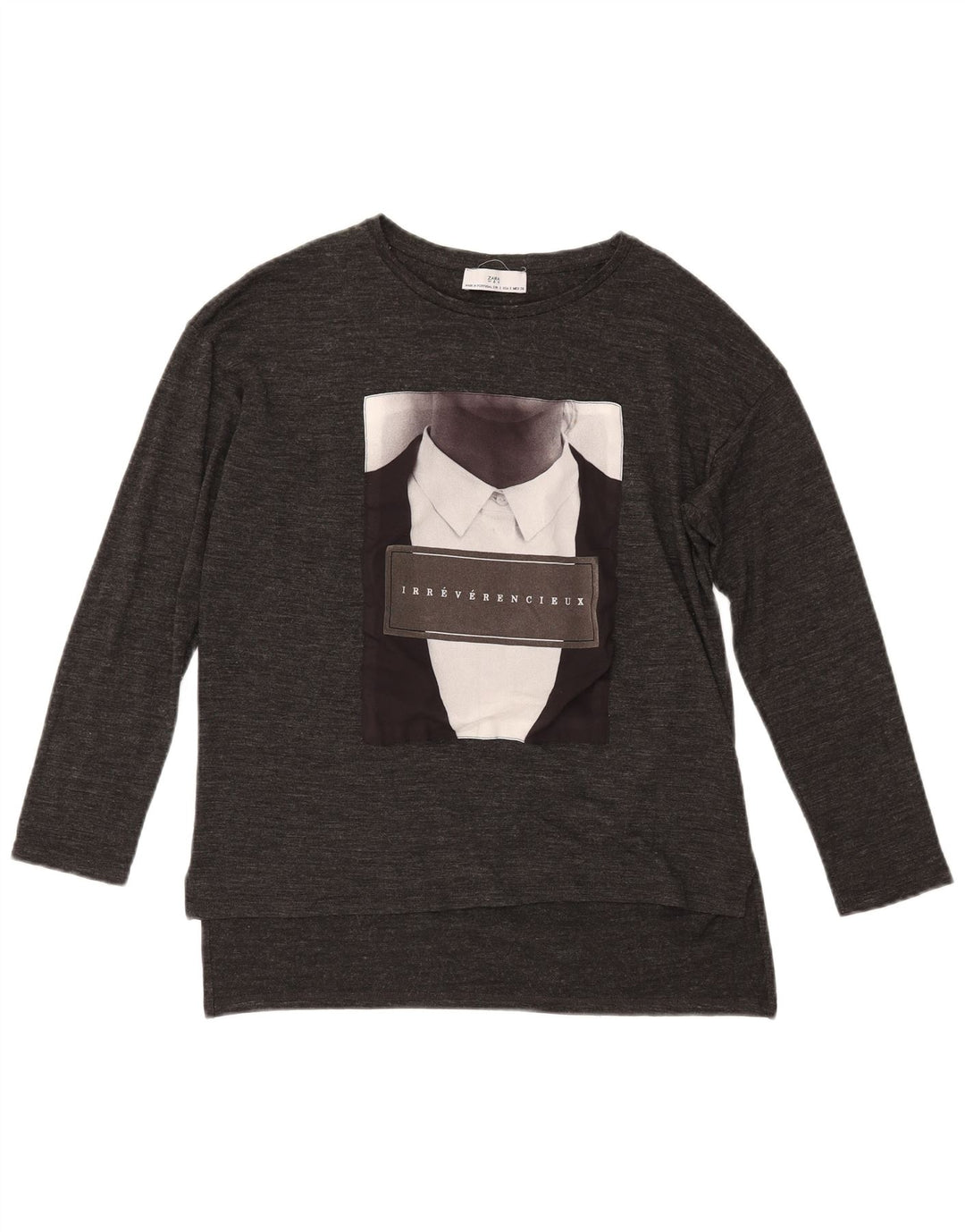 Zara Mujer Top Gráfico Extragrande Manga Larga UK 10 Small Gris