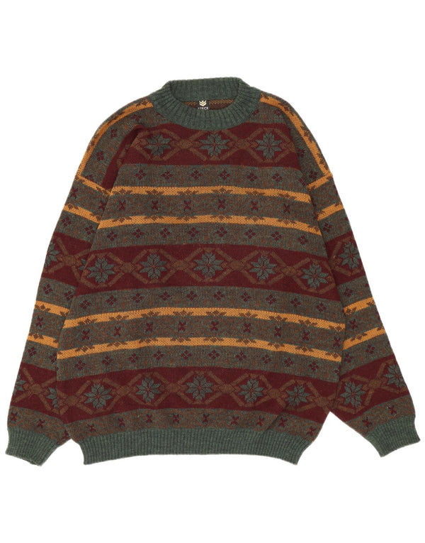 Vintage hombres cuello redondo jersey suéter XL multicolor Fair Isle acrílico