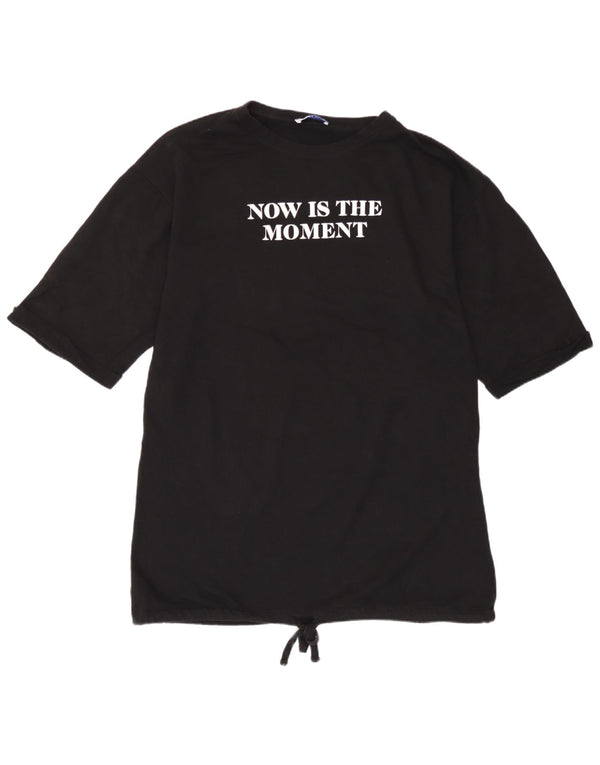 Zara Mujer Camiseta Gráfica Top UK 46 Grande Algodón Negro