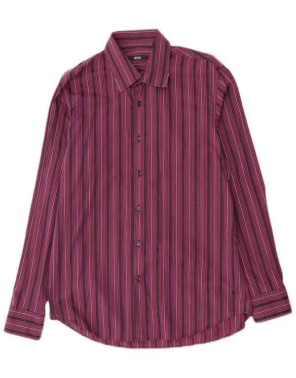 Hugo Boss Camisa para hombre Talla 42 16 1/2 Grande Algodón a rayas moradas