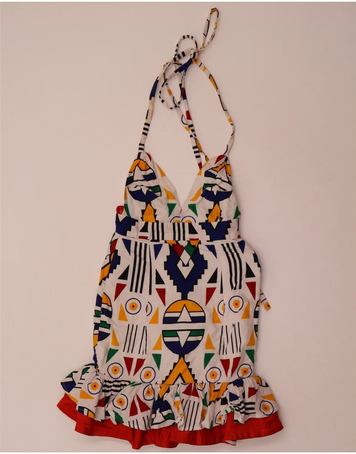 Vintage mujer halter vestido Reino Unido 8 pequeño multicolor geométrico