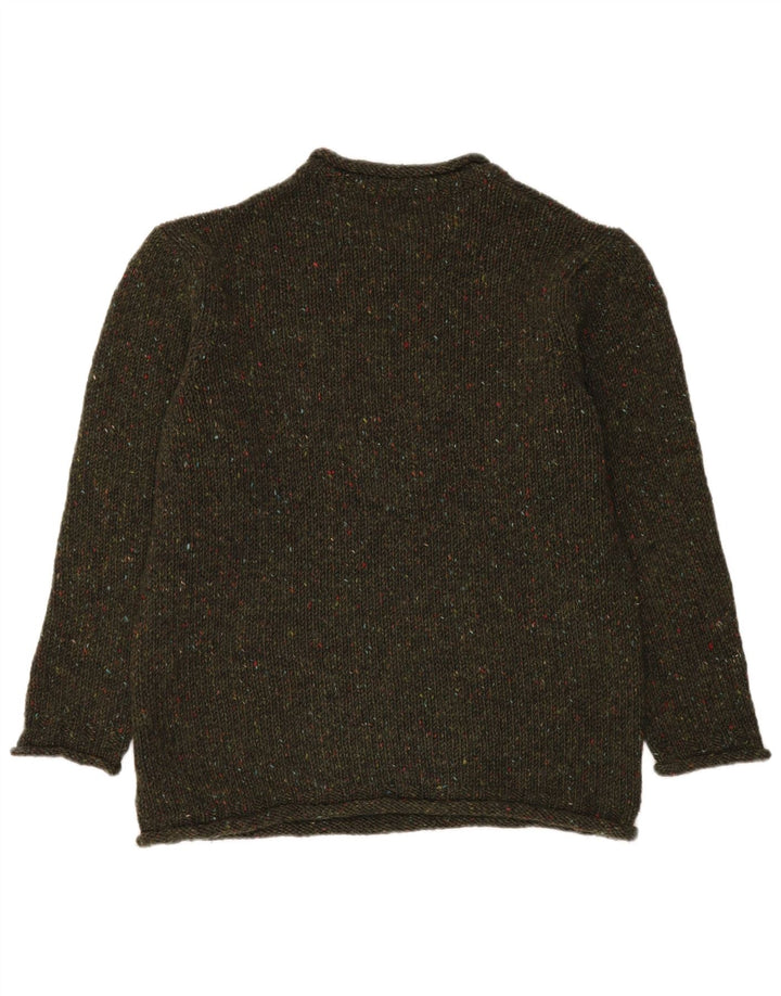 Aran Crafts Suéter tipo jersey con cuello barco para hombre de lana moteada de color caqui mediano