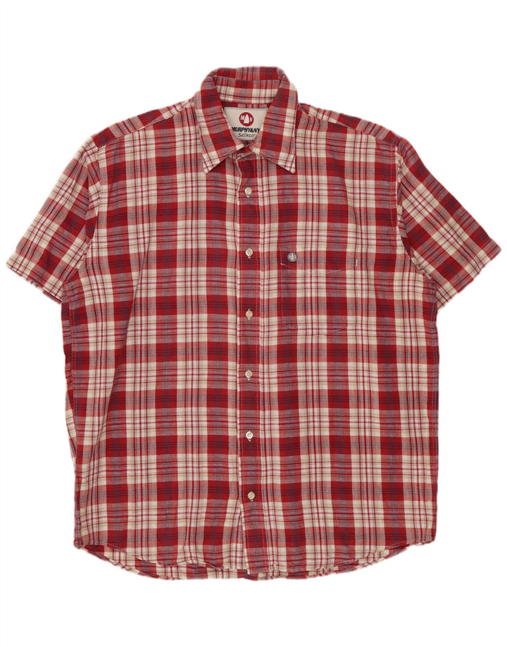 MURPHY & NYE Camisa de manga corta para hombre de algodón a cuadros rojos grandes