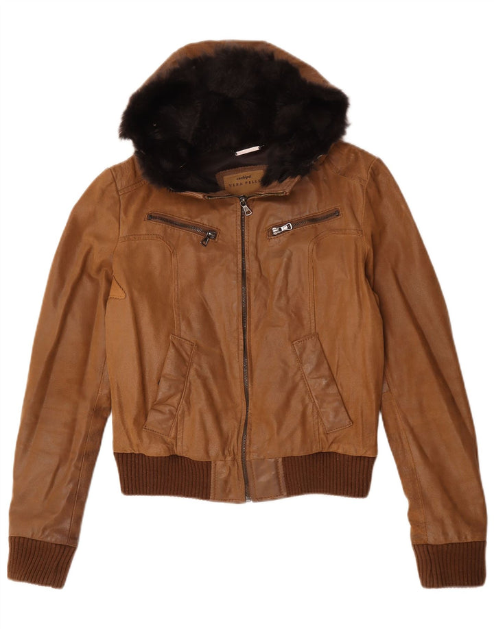 Chaqueta De Cuero Con Capucha Mujer Conbipel IT 42 Cuero Marrón Medio
