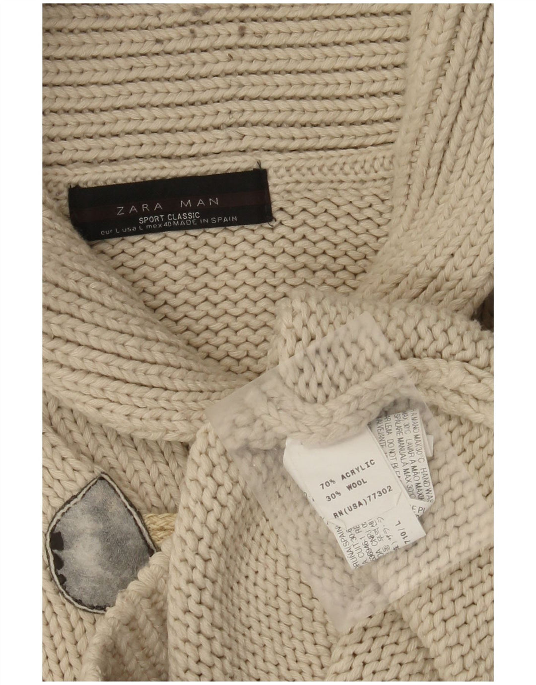 Zara Hombre Jersey Con Cuello Chal Suéter Grande Acrílico Beige