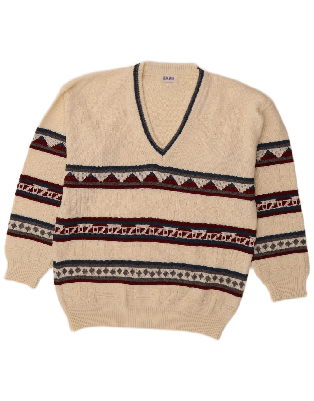 VINTAGE Hombres V-Cuello Jumper Suéter Grande Blanco Geométrico Acrílico
