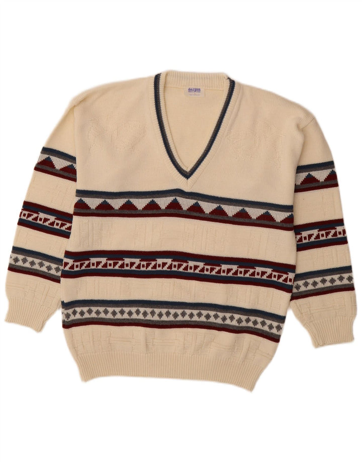 VINTAGE Hombres V-Cuello Jumper Suéter Grande Blanco Geométrico Acrílico