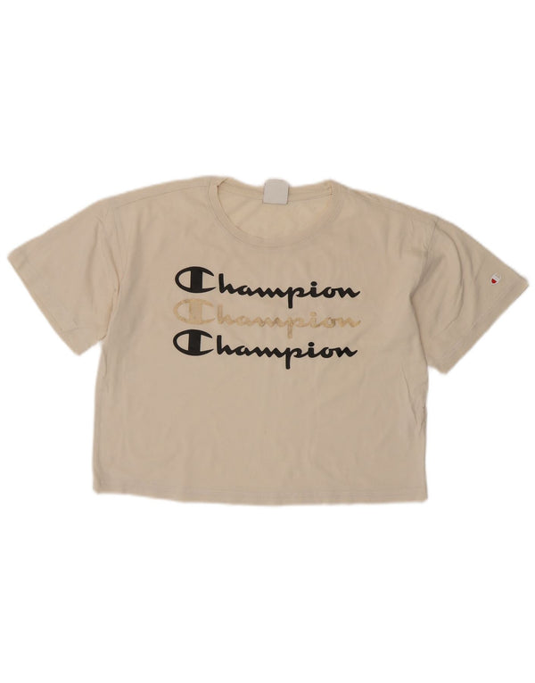 CHAMPION Camiseta corta extragrande con gráfico para mujer UK 10 Small Off White