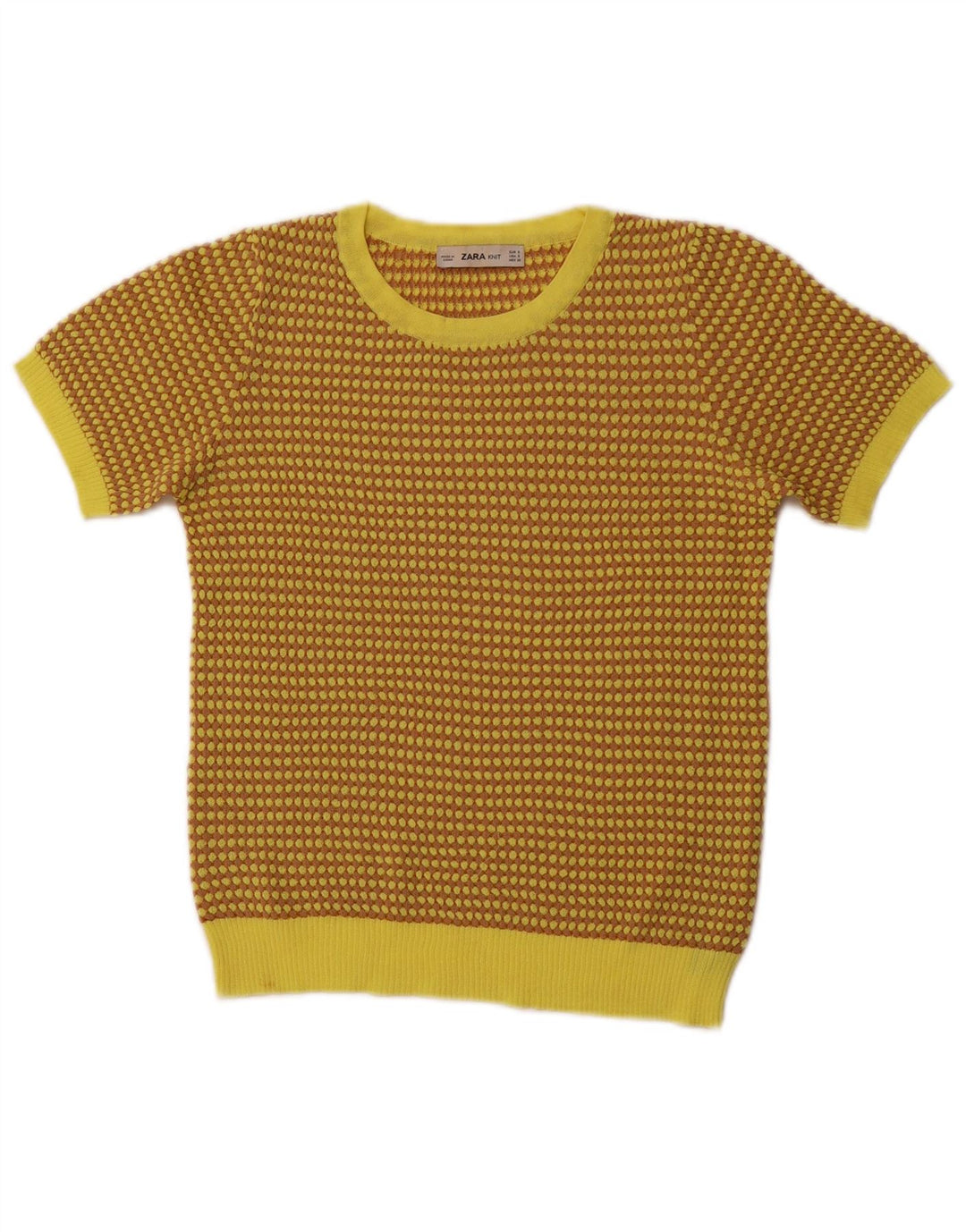 ZARA Mujer Crop Crew Neck Jumper Sweater UK 8 Small Amarillo Geométrico