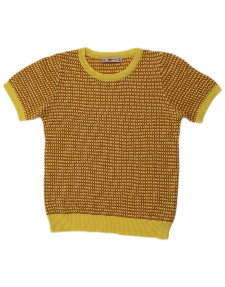 ZARA Mujer Crop Crew Neck Jumper Sweater UK 8 Small Amarillo Geométrico