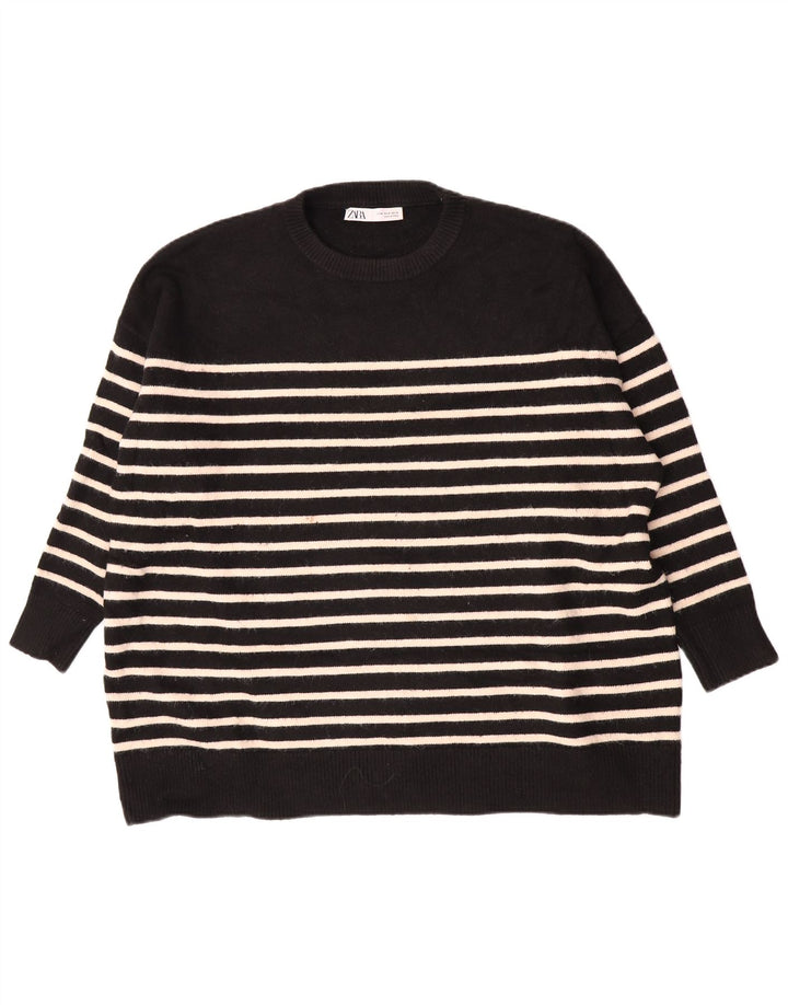 Zara Mujer Jersey De Cuello Redondo De Gran Tamaño UK 44 Mediano Rayas Negras