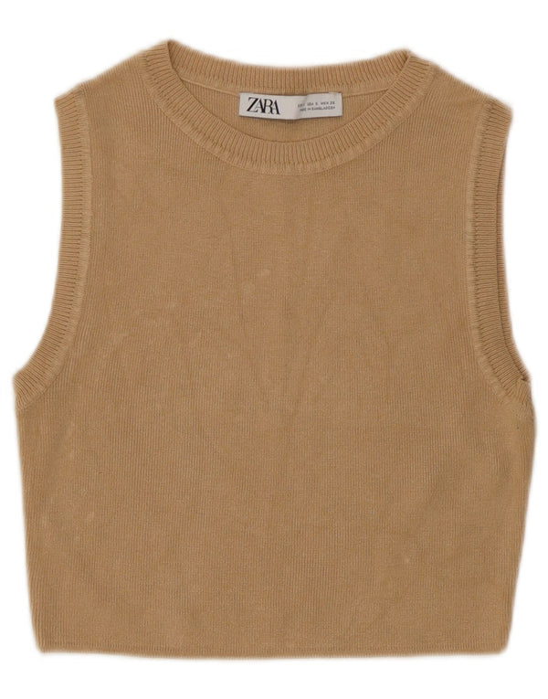 Zara Womens Crop Vest Tank Top UK 8 Small Beige Viscose