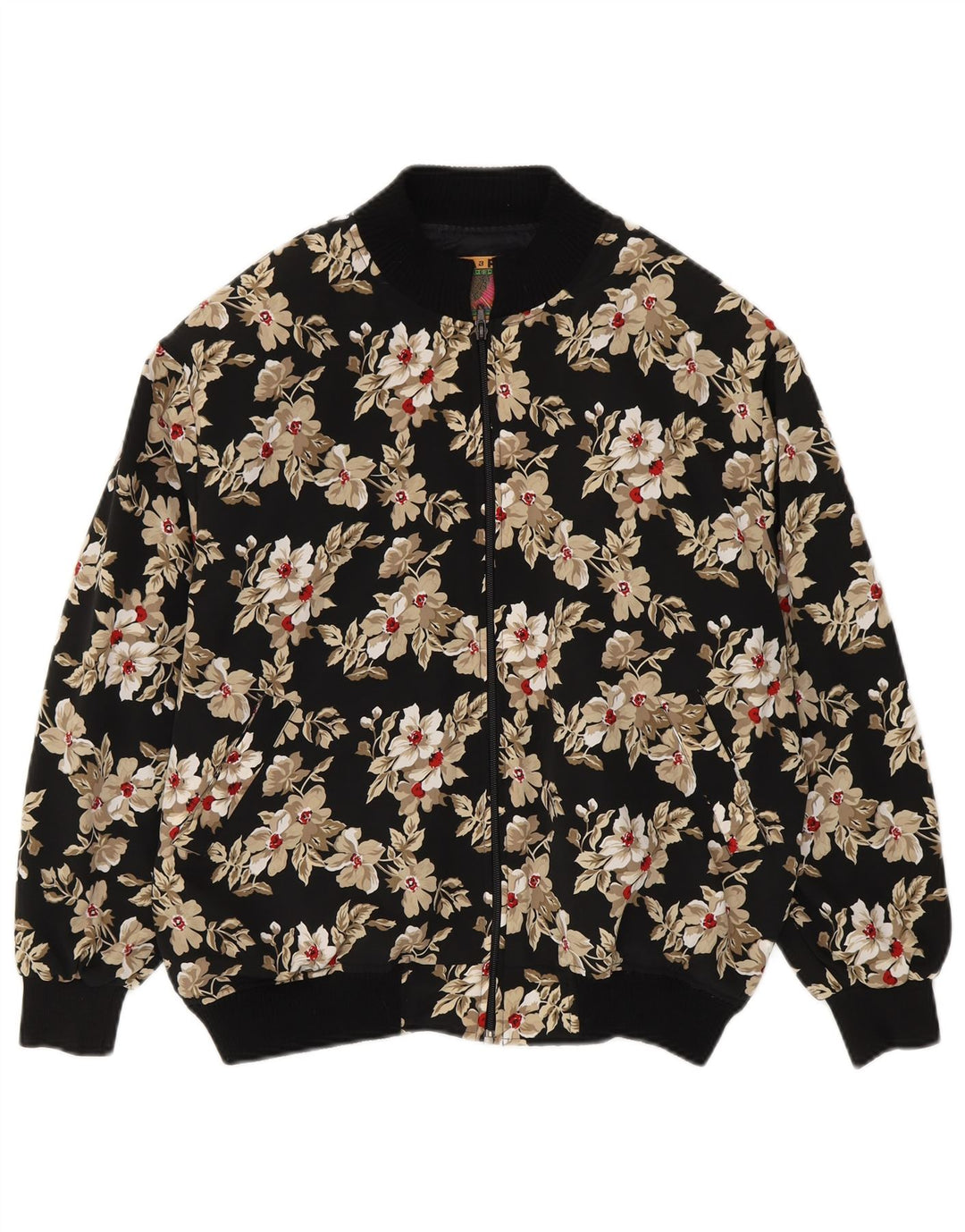 Vintage mujer suelta ajuste bomber chaqueta Reino Unido 14 medio negro floral poliéster