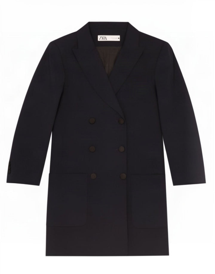 Zara Mujer Abrigo Cruzado UK 42 Medio Azul Marino Poliéster