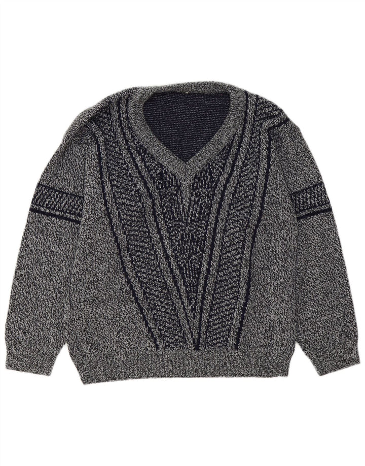 Vintage hombres V-cuello jumper suéter medio azul marino rayas
