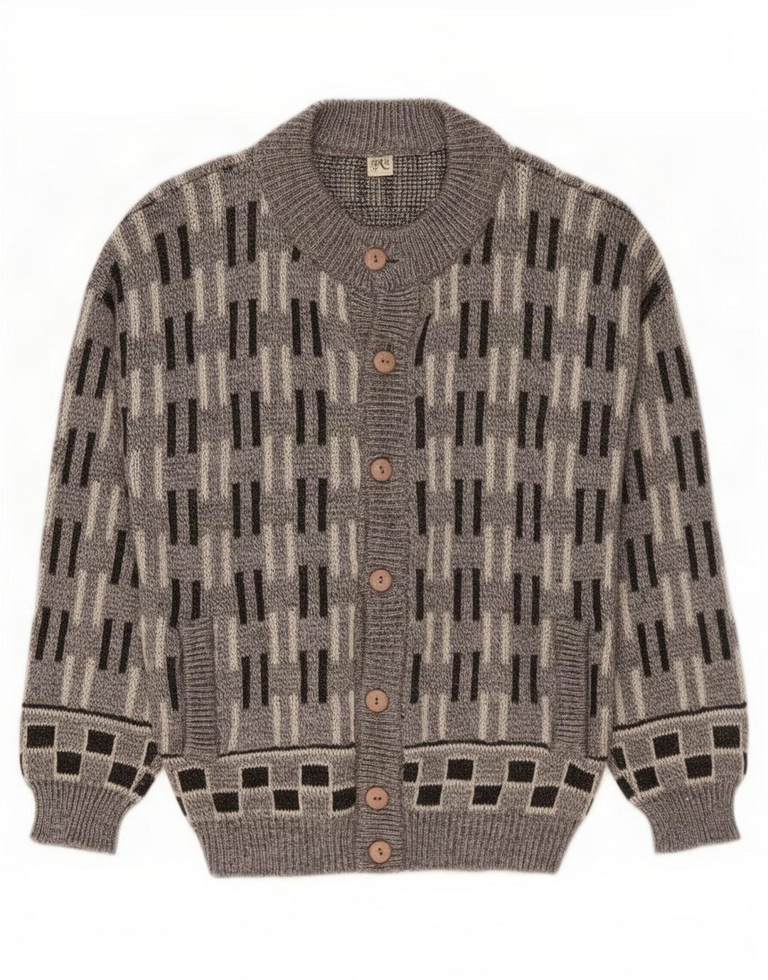 Vintage hombres Cardigan suéter grande gris lana geométrica