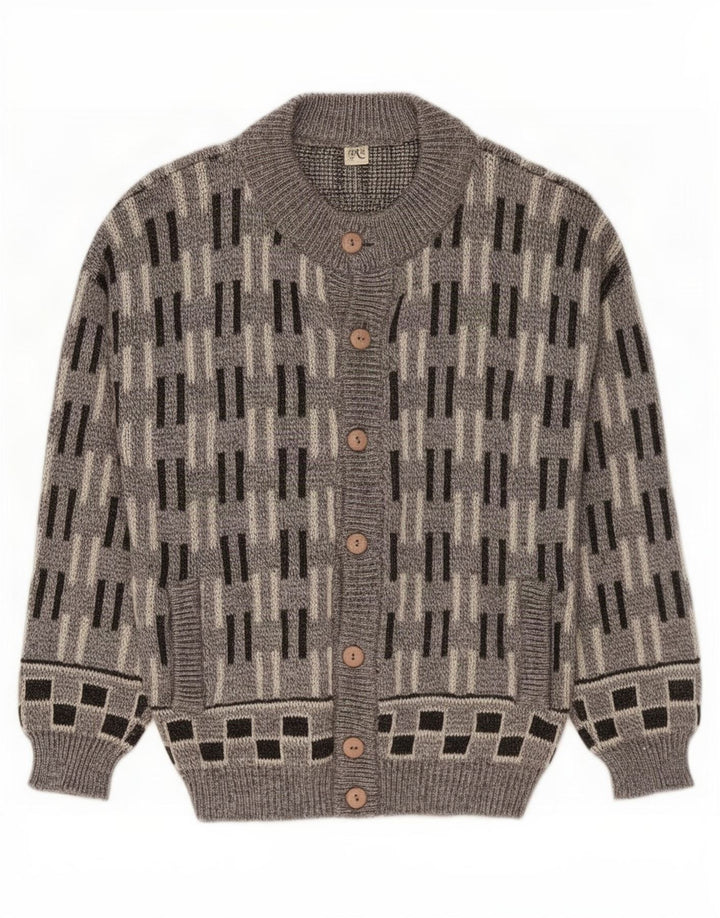 Vintage hombres Cardigan suéter grande gris lana geométrica