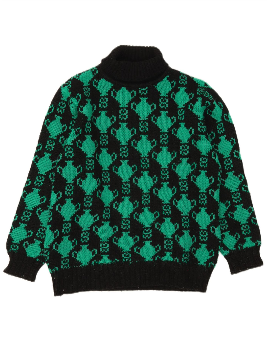 Vintage mujeres patrón abstracto rollo cuello jersey suéter Reino Unido 12 medio negro
