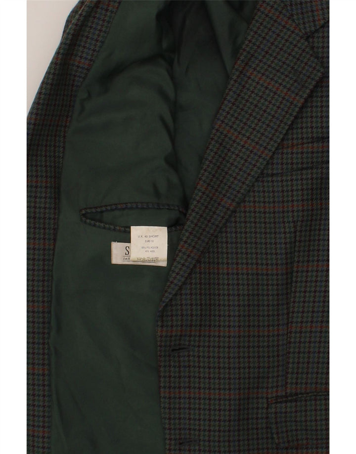 SCOTT Mens 2 Button 3/4 Sleeve Blazer Jacket UK 40 Large Green Houndstooth Vintage Scott and Second-Hand Scott from Messina Hembry 