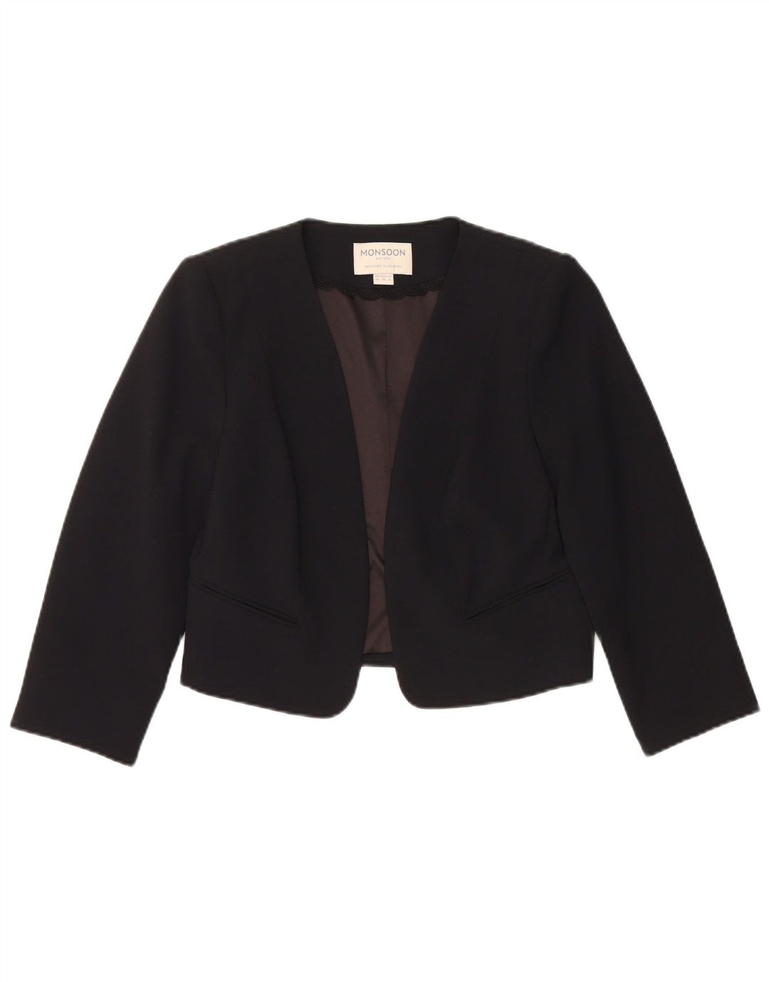 Monsoon Chaqueta tipo blazer abierta corta para mujer UK 40 Small Poliéster negro