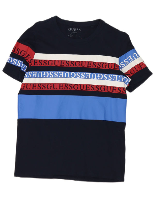Guess Hombre Slim Fit Graphic Camiseta Top Small Azul Marino Colorblock Algodón